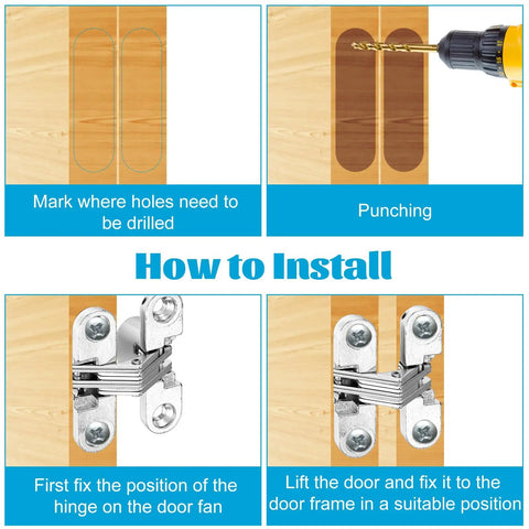 Installation guide for Twelve Pack Hidden Hinges For Cabinet Doors Stainless Steel Durable Hidden Hinges with drilling and positioning steps.
