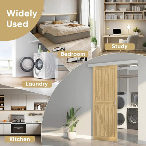 6Ft Sliding Barn Door Hardware Track Kit With Handles, Low Clearance Aluminum Alloy Box Rail Track In Silvery Finish installed across different rooms like kitchen, bedroom, study for wide use.