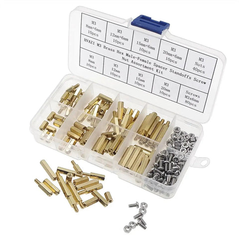 M3 Brass Hex Spacer Standoff Kit With Male And Female Nuts And Screws 200 Piece Assortment In Plastic Box Includes 4.7mm Hex 6mm Male Length 8 To 20mm Female Lengths 0.5mm Thread Great For RC And DIY Projects