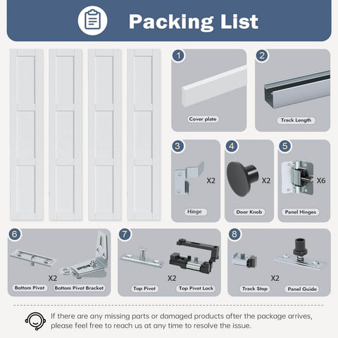 White Bifold Sliding Interior Closet Door Slab, 3-Panel MDF With PVC Finish packing list showing components and hardware kit included.