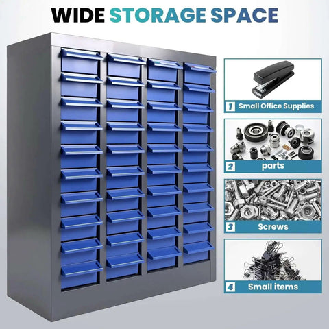 40 Drawer Parts Cabinet With Label Stickers Nut And Bolt Organizer ABS Drawers For Screws Bolts Nuts In Workshop Garage And Office Built Tough For Long Lasting Rust Resistant Mess Free Organization with visible blue drawers, alloy steel frame, and labeled usage for small items and hardware.
