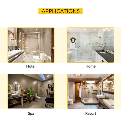 Four bathroom settings showcasing applications of the Adjustable Glass To Glass Shower Door Hinge 180 Degree Mount No Fuss Antique Copper Finish, Solid Forged Brass Construction, Four Inch Height, Eleven Sixteenth Inch Width, Fits Three Eighths And Half Inch Glass Panels, Brixwell.