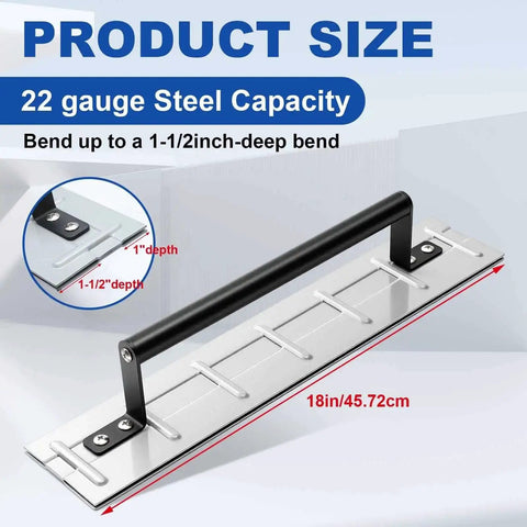 18 Inch Sheet Metal Folding Tool Steel Bender shown with 22 gauge steel capacity and 1-1/2 inch bend depth, designed for roofing and HVAC applications.