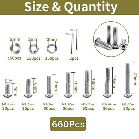 Product image showing 660 pcs Premium Stainless Steel M2 Button Head Hex Socket Screws Kit 304 Grade with sizes and components.
