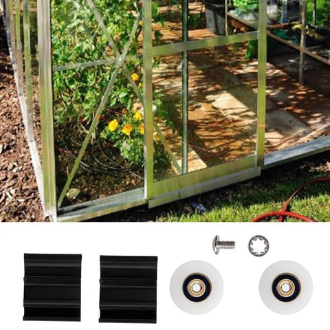Durable Nylon Greenhouse Door Wheel Replacement For 22mm Tracks with accessories, shown against greenhouse structure
