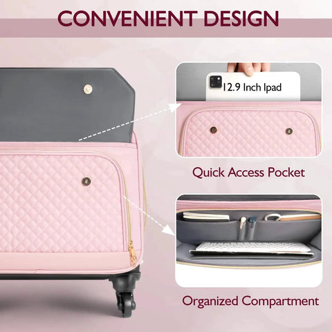 Pink Arcoyard rolling laptop bag for women with four spinner wheels showing quick access pocket and organized compartment.
