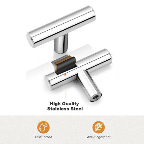 10 Pack Euro Round T Bar Knobs With 2 Inch Overall Length Polished Chrome Finish Stainless Steel Single Hole Kitchen Cabinet Hardware