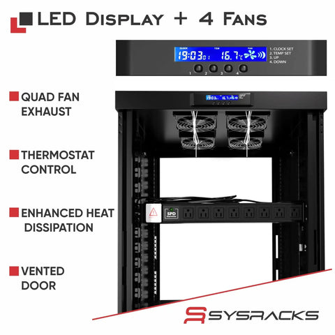 42U Server Rack Cabinet On Wheels With Glass Door 32 Inch Deep Network Enclosure showing LED display and cooling fans