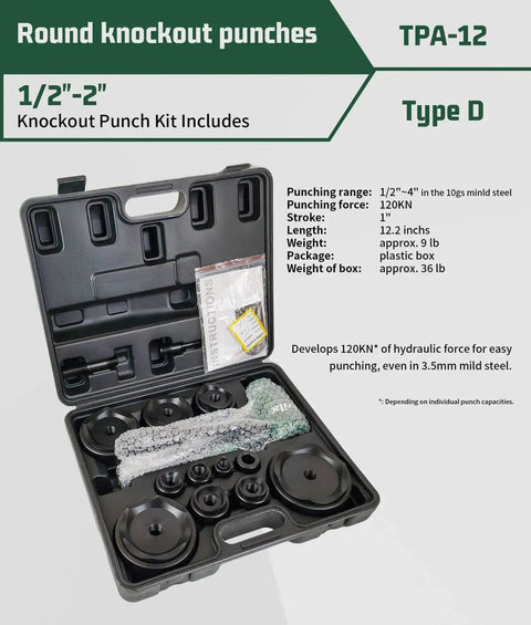 12 Ton Hydraulic Knockout Punch Kit for Electrical Conduit, 10 Dies, Rugged Storage Case, Tools Displayed in Open Box