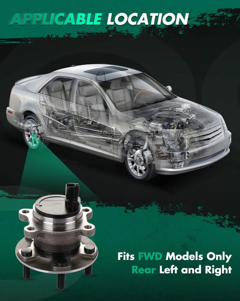 Beefed Up Rear Wheel Bearing And Hub Assembly For Ford Focus 2012 2013 2014 2015 2016 2017 2018 With ABS 5 Lug Pattern Fits Left Or Right Rear Wheel 512466 Replacement shown next to transparent car diagram highlighting position on rear wheel.