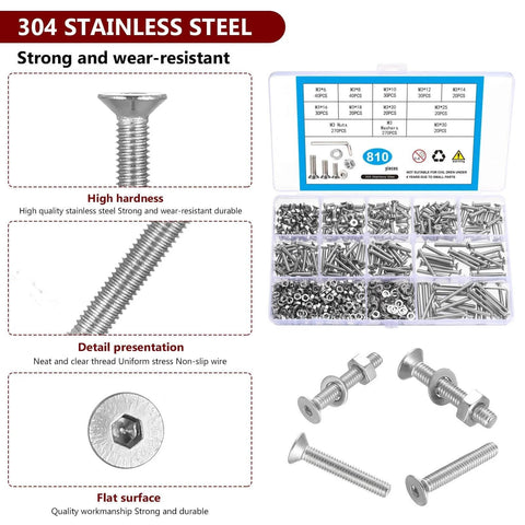 Ultimate 810 Piece M3 Screws Set With 304 Stainless Steel Flat Head Hex Socket Cap Screws Countersunk Bolts Nuts And Washers