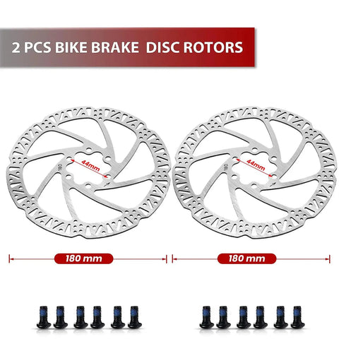 Front view: two 180mm silver bicycle brake rotors with 6-bolt pattern and mounting screws