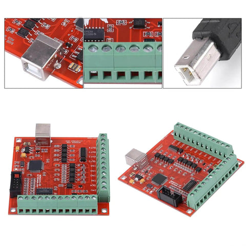 4 Axis CNC Motion Controller Board for Stepper or Servo Motors, high-speed USB drive, green connectors, close-up view.