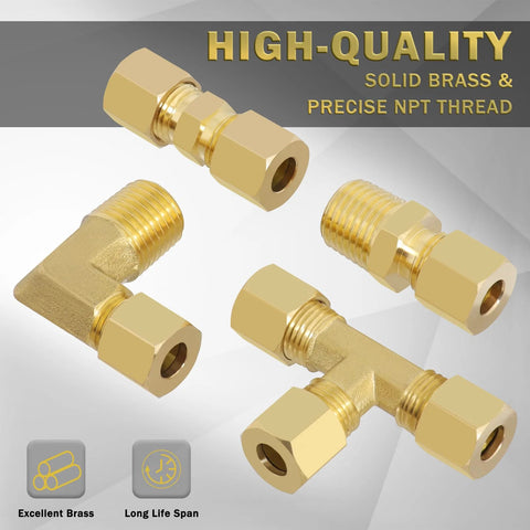 TRUSTKITS 38-piece brass compression fittings set for 1/4 tubing; includes union tee, straight adapter, 90-degree elbow.