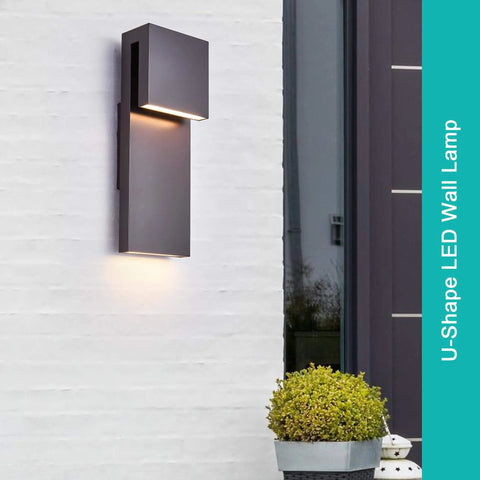 Sleek Outdoor Indoor LED Wall Sconce With Two Lights, 17W Total, Bronze Finish, 1600 Lumens, Weatherproof, installed on wall