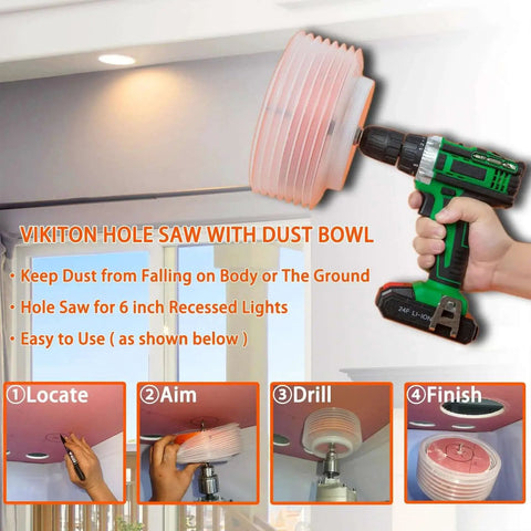 Man using 6-1/8 Inch Hole Saw Kit For Recessed Lights With Dust Bowl Catcher And Bi-Metal Construction Includes Arbor Replacement Drill Bit Hex Key DIY Friendly For Wood Metal Drywall And LED Recessed Lighting VIKITON.