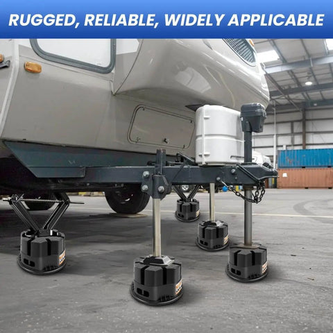 6 Inch Trailer Jack Block With Carry Bag For RV And Travel Trailers installed under camper stabilizers