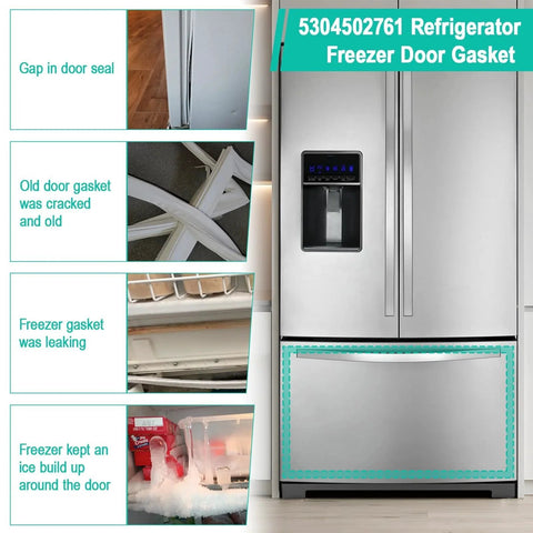 Upgraded Fridge Freezer Door Seal Replacement For Frigidaire Kenmore Electrolux Crosley Gasket installed on stainless steel fridge