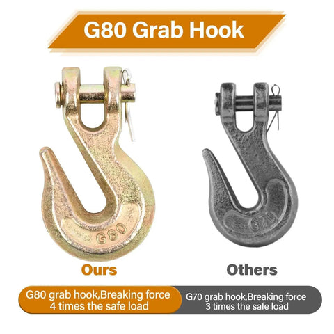 Grade 80 3/8 Chain Hook Clevis Grab Hook 4 Pack Heavy Duty Tow Hook 7,100 Lbs comparison with G70 hook.
