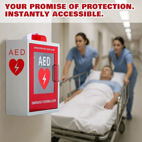 AED Defibrillator Cabinet Wall Mount With Alarm And Clear Window Durable Steel Storage Box in hospital corridor with medical staff