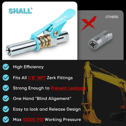 Heavy Duty Quick Release Grease Gun Coupler With Locking 6 Jaw System And Zerk Fittings Cleaner, 10000 PSI High Pressure Tip