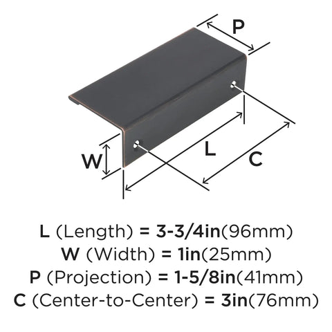 Dimensions diagram of Oil Rubbed Bronze Edge Pull Cabinet Handle With Three Inch Center To Center Mounting and overall length details