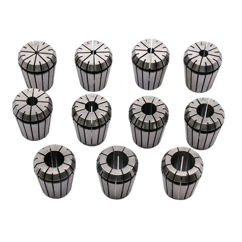 Set of eleven ER32 collets from Shank Chuck Tool Set With Eleven ER32 Collets Spanning From One Eighth To Three Quarters Inch Includes One ER32 Shank One Wrench Pro Grade For Milling Lathe And Drilling Machines.