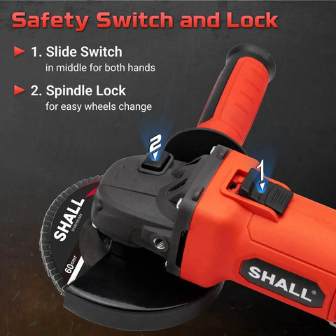 Beast Mode Four And A Half Inch Angle Grinder With Eleven Thousand RPM And Four Amp Motor safety switch and lock close-up