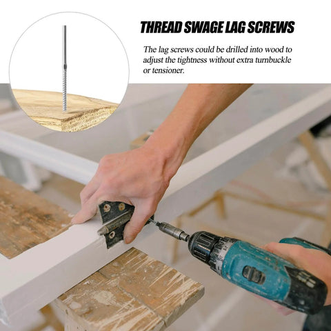Installation of 20 Pcs Stainless Steel Lag Screws Left And Right Handed For Cable Railing And Deck Post Hardware on wooden surface