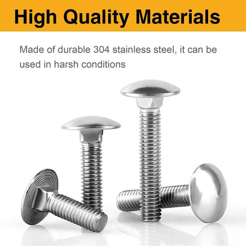 Heavy Duty Wheelbarrow Carriage Bolts And Nuts Kit with 304 stainless steel hardware shown in various sizes and angles