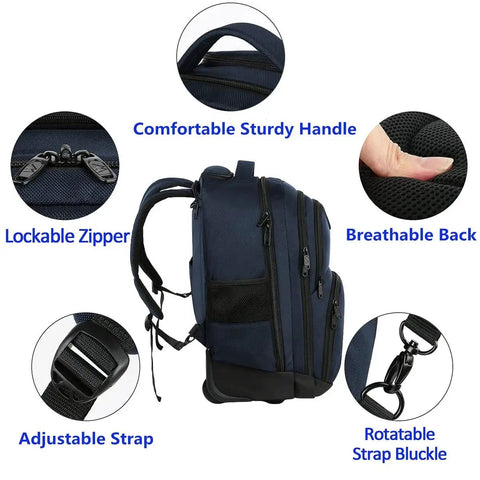 Rolling Laptop Backpack With Wheels For Men And Women, blue backpack with zippers, handle, breathable back, showing features and straps.