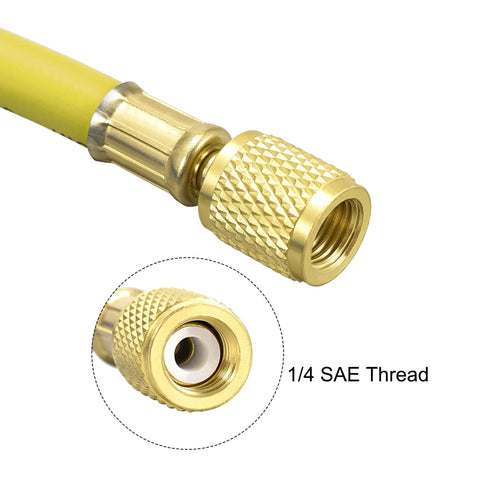 uxcell refrigerant charging hose, 1/4 SAE flare, yellow hose with brass knurled fitting; 0.9 m length