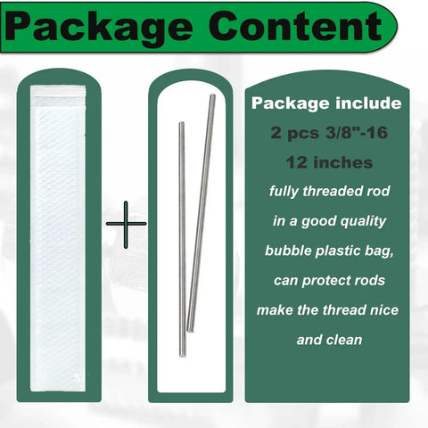Image of package contents showing two Three Eighths Inch 16 UNC Stainless Steel Threaded Rod 12 Inch in plastic bag