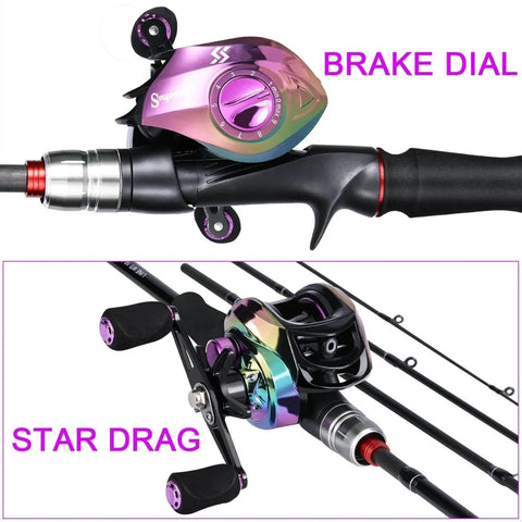 Moisture Reel And Fishing Rod Combo 1.8 To 2.1 Meter Carbon Fiber Baitcasting Rod with brake dial and star drag visible