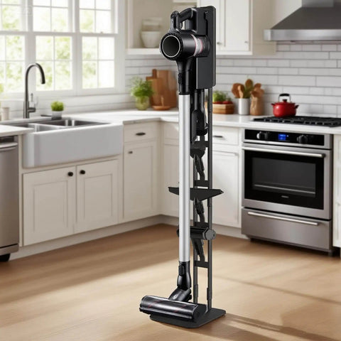 Universal Storage Stand For Dyson And Most Cordless Vacuums With A Heavy Duty Carbon Steel Base, shown in a modern kitchen.
