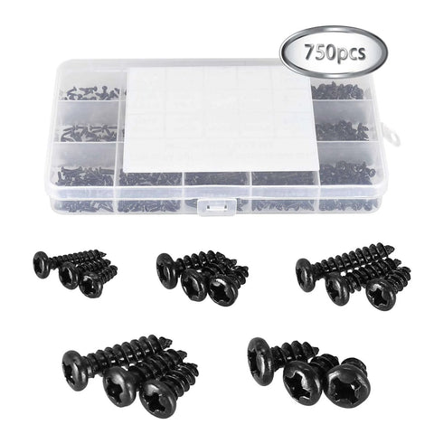 750 Piece Self Tapping Screws Set M1.7 Through M3 Phillips Pan Head Cross Recessed Carbon Steel Black for DIY