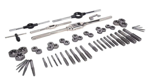 Alt Tag: Fractional Tap And Die Set In Carbon Steel 58 Piece Tool Kit For Hand Threading In Metalworking Auto Shop Maintenance And Construction With Heat Treated Precision Cut Threads For Consistent Results.