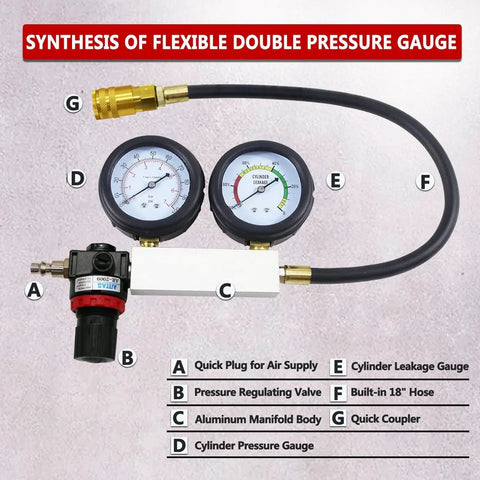 Cylinder Leak Down Tester Kit For Automotive Engine Diagnosis And Compression Testing, Leakage Detector Tool Set