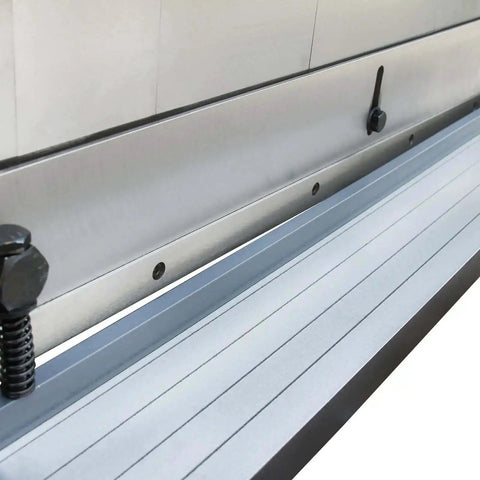 Close-up view of the 3 In 1 Sheet Metal Cutter, Brake And Slip Roll For 30 Inch 20 Gauge Fabrication showing back gauge and segment fingers.