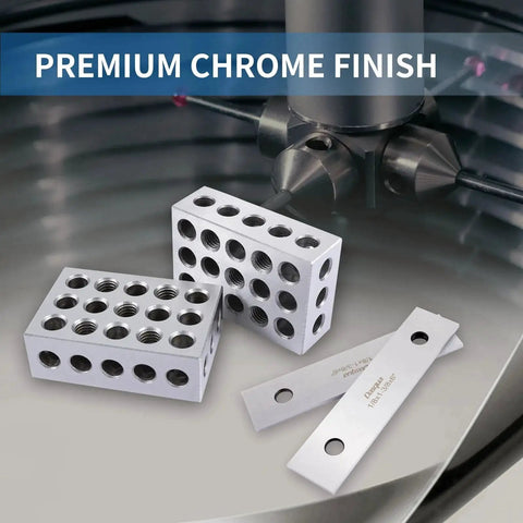 Pro Grade 1-2-3 Block And Thin Parallel Set For Machinists with 23-Hole Hardened Alloy Steel, chrome finish showing blocks and parallels