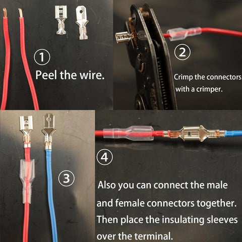 Feggizuli 540pc spade connector kit with insulated sleeves; red and blue male and female crimp terminals.