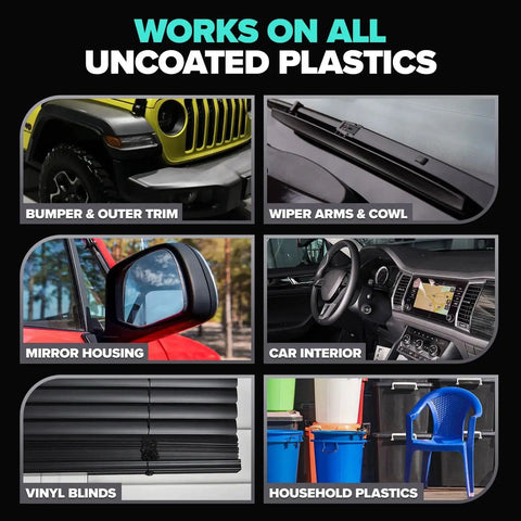 Plastic Restorer for Cars Deep Black Shine for Trim and Vinyl UV Protection used on various uncoated plastic surfaces.