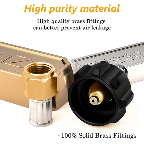 Propane regulator with hose and solid brass fittings; black regulator knob and brass connector