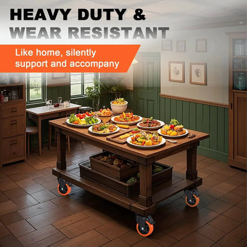 4-inch orange heavy-duty locking caster wheels, set of 4, on a wooden rolling cart