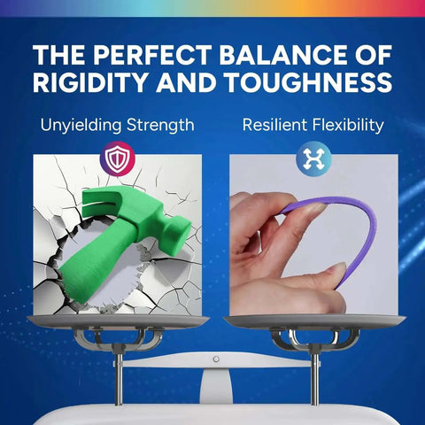 Visual comparison of unyielding strength with a hammer and resilient flexibility with a flexible band, representing 4 Pack Black PLA Plus Filament 1.75mm For Tough As Nails 3D Prints, High Strength With Low Shrinkage, Stable Dimensional Performance And Precise 0.02mm Tolerance, Tangle Free Spools, Four 1kg Spools attributes.