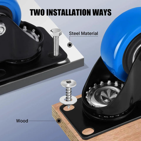 2 Inch Caster Wheel Set Of 8 Heavy Duty Swivel Casters With Brakes 1200 Lbs Capacity installation methods, steel and wood shown