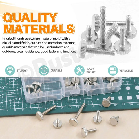 35Pcs M3 Nickel Plated Knurled Thumb Screws Set In 7 Sizes with case and scattered fasteners on cutting mat