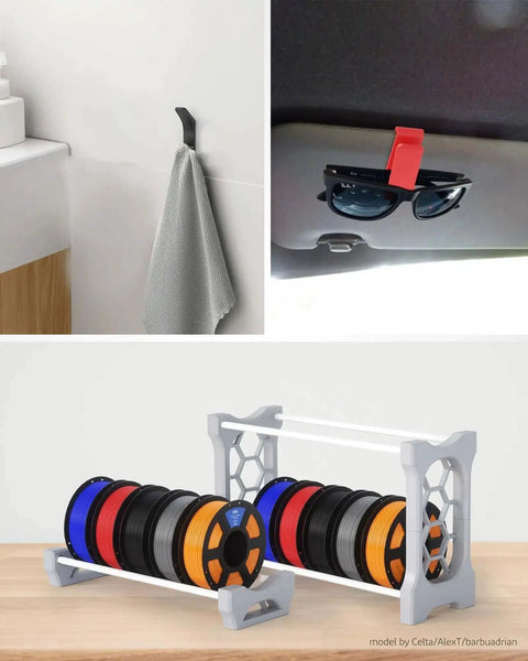 Rack of various colored 3D printer spools including PETG Filament 1.75Mm Black 1Kg Spool For Most FDM 3D Printers