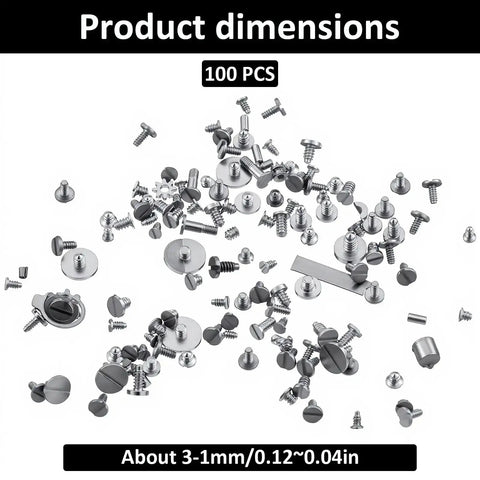 100 Piece Micro Watch Screw Kit With Copper Battery Clamp Screws Replacement Set scattered showing dimensions.