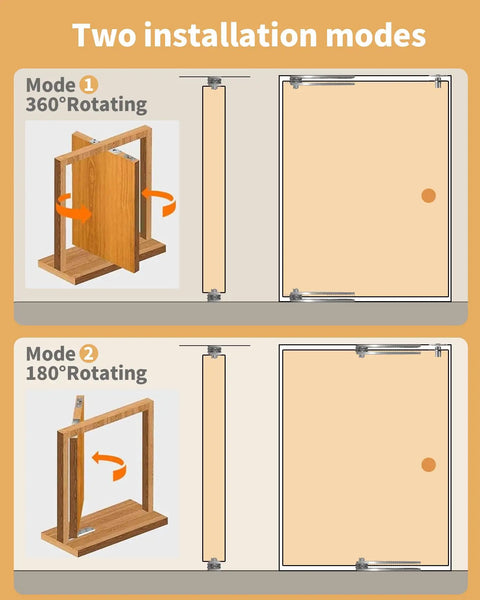 Diagram of heavy duty pivot hinge for wood doors with 360 degree rotation and invisible concealed pivot door hardware.